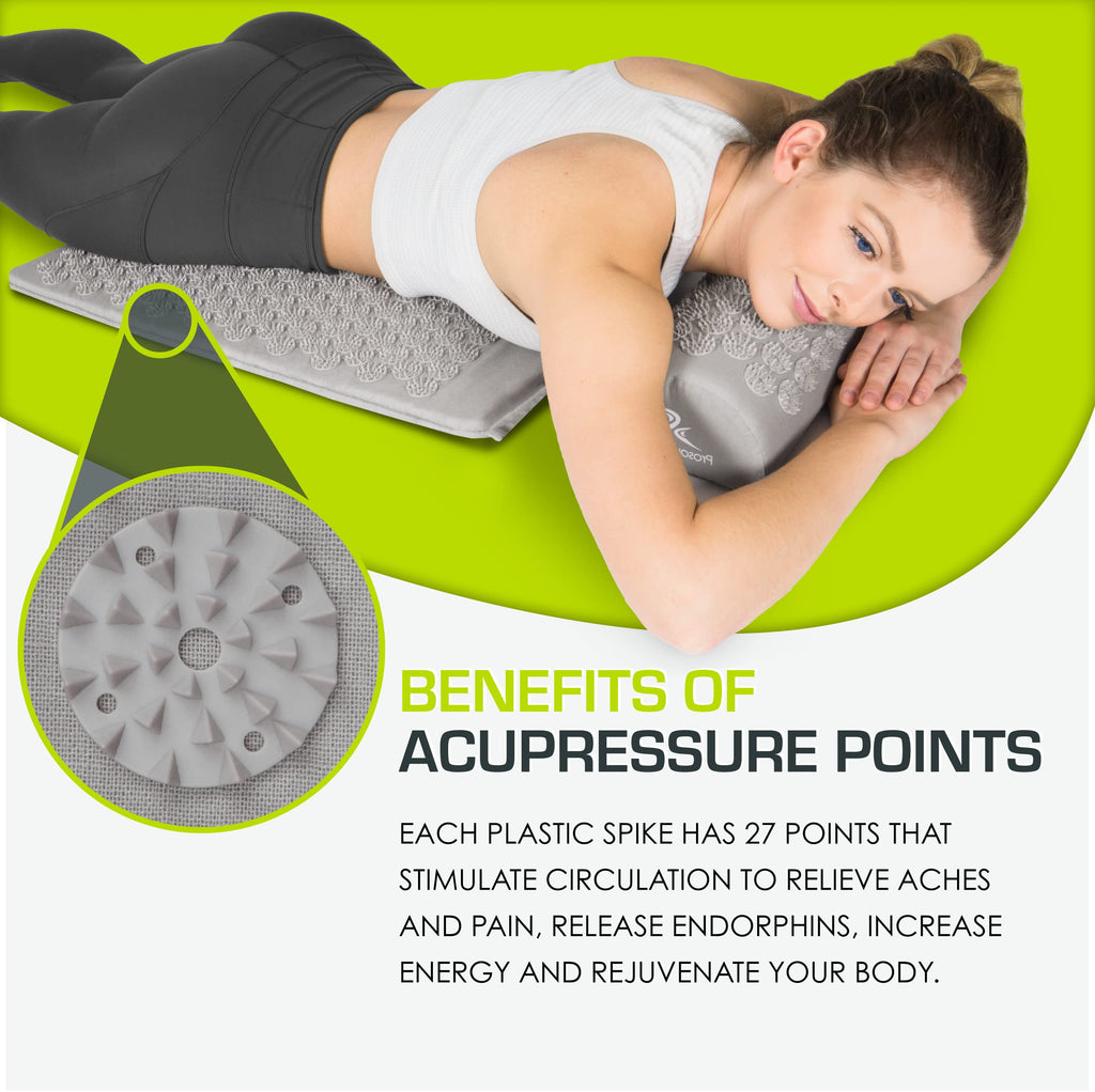 ProsourceFit Acupressure Mat and Pillow Set for Back/Neck Pain Relief and Muscle Relaxation, Grey
