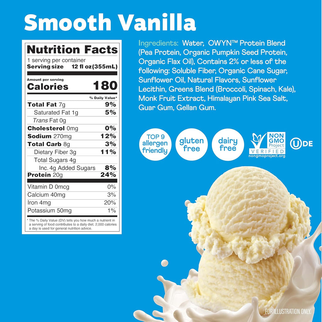 OWYN Only What You Need Dark Chocolate Flavored 20g Protein Shake, 12 Ct | 20g Protein, 4g Sugar, 3g Prebiotic Fiber, Dairy Free, Plant Protein, Gluten Free, Individual 12fl oz Bottles