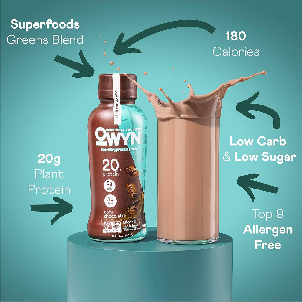 OWYN Only What You Need Dark Chocolate Flavored 20g Protein Shake, 12 Ct | 20g Protein, 4g Sugar, 3g Prebiotic Fiber, Dairy Free, Plant Protein, Gluten Free, Individual 12fl oz Bottles