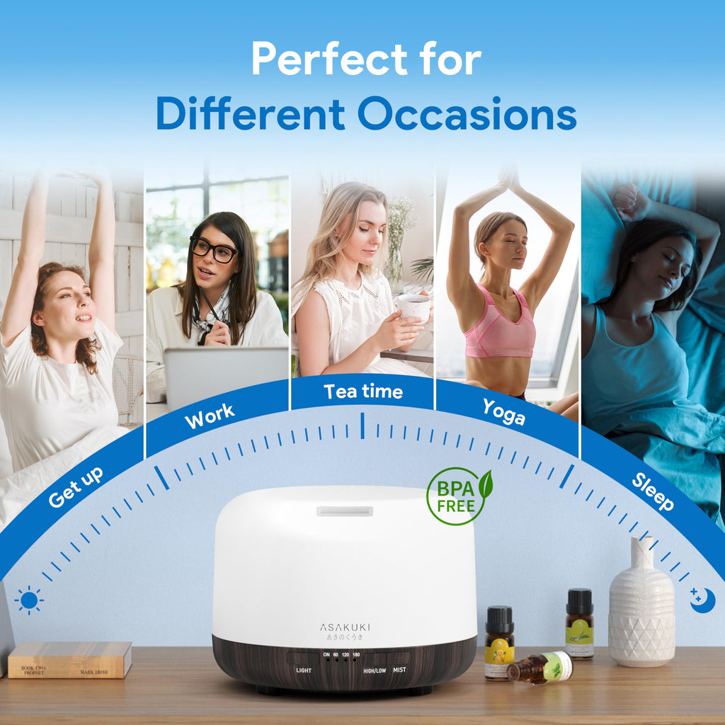 ASAKUKI Essential Oil Diffuser for Home, 500ML Aromatherapy Humidifier | with Remote Control, 7 Color LED Lights, Quiet Cool Mist Diffuser for Bedroom, Living Room, Office (Yellow)