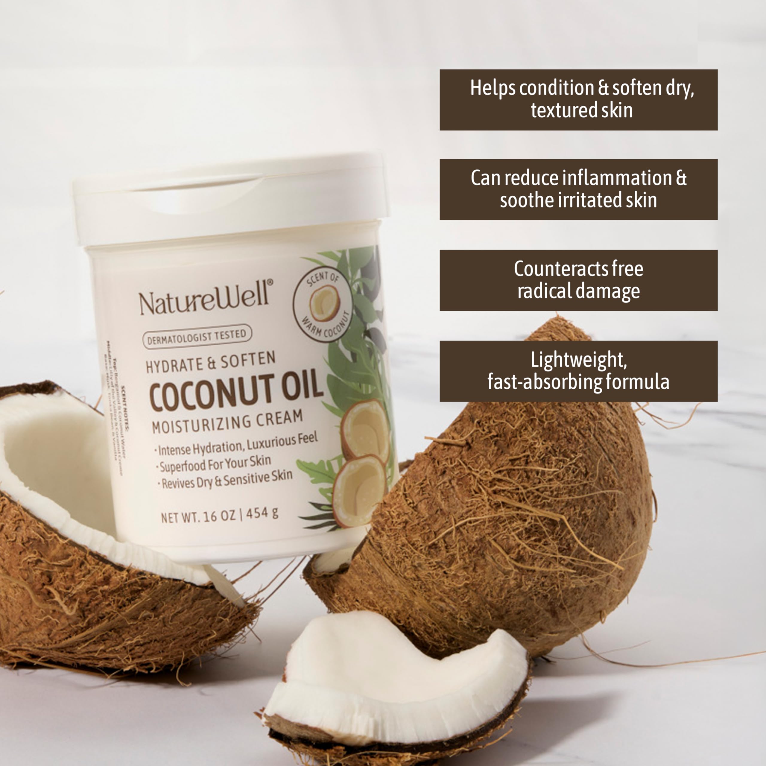 NATURE WELL Coconut Oil Moisturizing Cream for Dry Skin – Deep Hydration Lotion for Face, Body & Hands, Spa Quality Skincare, Softens & Smooths, Non-Greasy, Fast Absorbing, Scented, 16 Oz (Pack of 2)