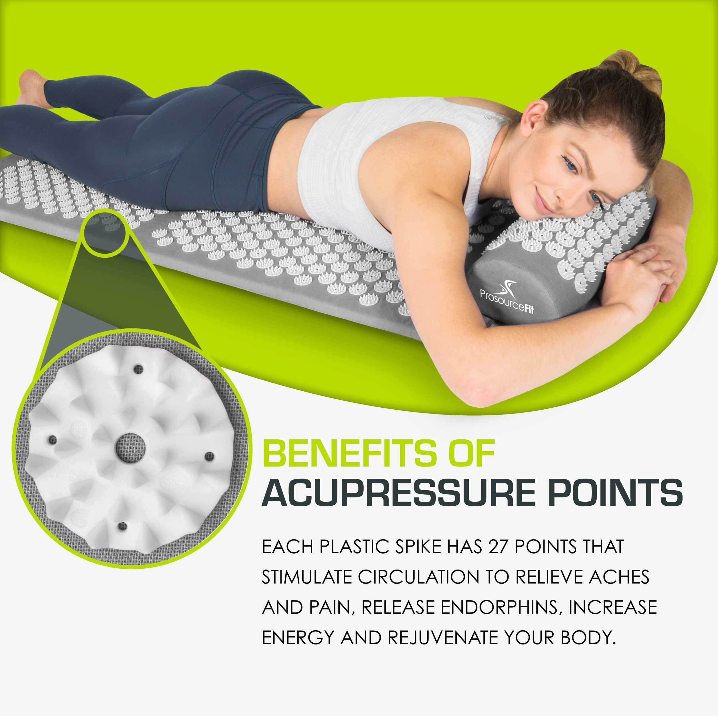ProsourceFit Acupressure Mat and Pillow Set for Back/Neck Pain Relief and Muscle Relaxation, Grey