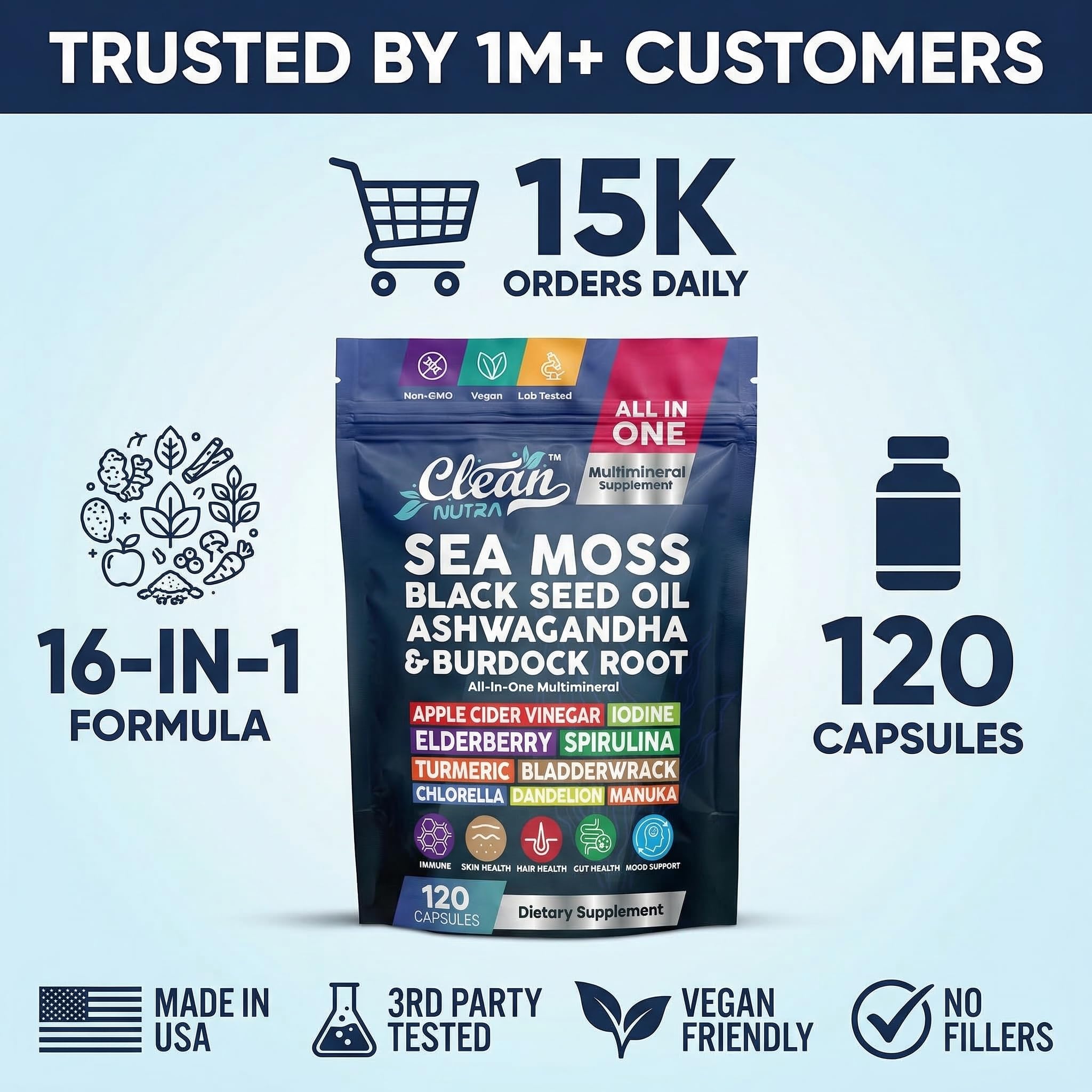 Clean Nutraceuticals Sea Moss Black Seed Oil Ashwagandha Turmeric Bladderwrack Burdock & Vitamin C Vitamin D3 with Elderberry Manuka Dandelion Yellow Dock Iodine Chlorophyll ACV