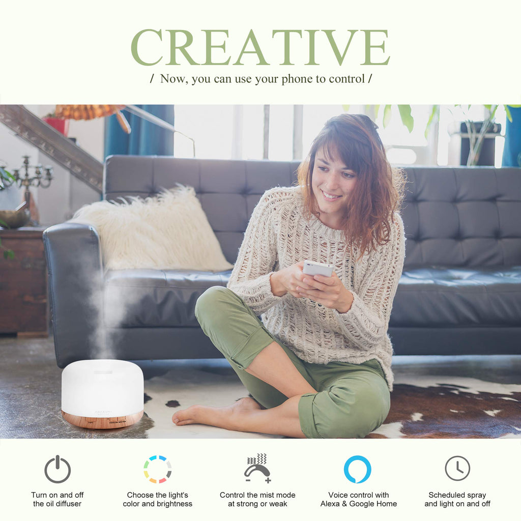 ASAKUKI Essential Oil Diffuser for Home, 500ML Aromatherapy Humidifier | with Remote Control, 7 Color LED Lights, Quiet Cool Mist Diffuser for Bedroom, Living Room, Office (Yellow)