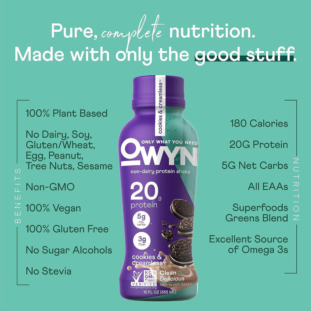 OWYN Only What You Need Dark Chocolate Flavored 20g Protein Shake, 12 Ct | 20g Protein, 4g Sugar, 3g Prebiotic Fiber, Dairy Free, Plant Protein, Gluten Free, Individual 12fl oz Bottles