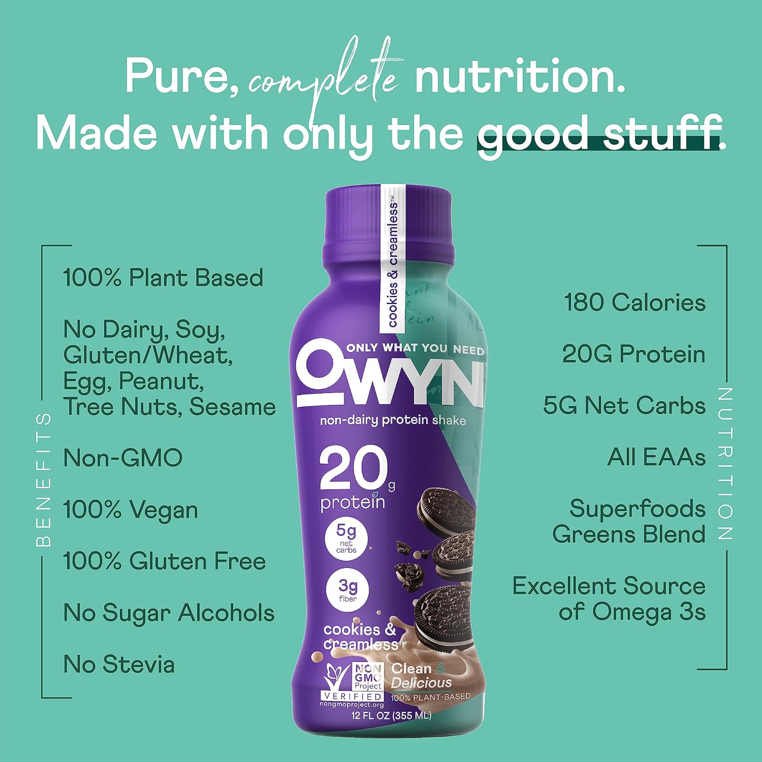 OWYN Only What You Need Dark Chocolate Flavored 20g Protein Shake, 12 Ct | 20g Protein, 4g Sugar, 3g Prebiotic Fiber, Dairy Free, Plant Protein, Gluten Free, Individual 12fl oz Bottles