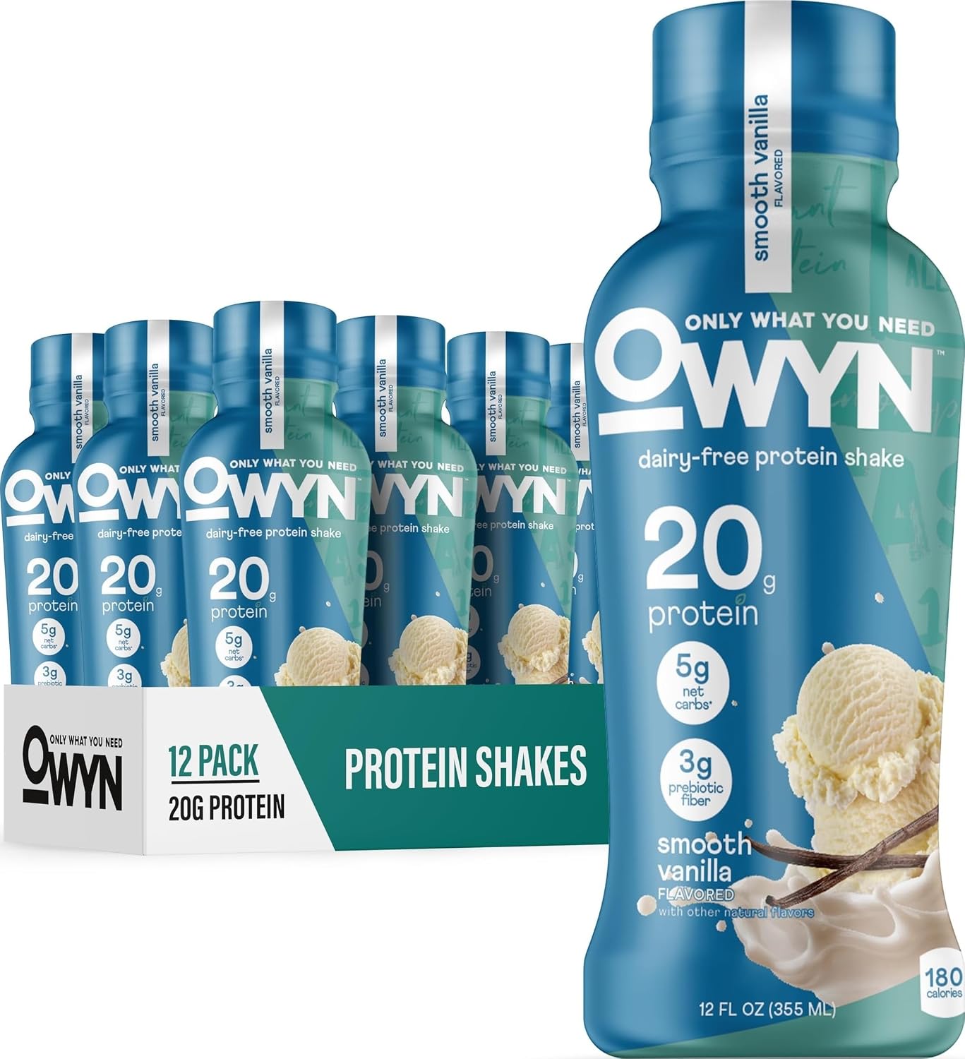 OWYN Only What You Need Dark Chocolate Flavored 20g Protein Shake, 12 Ct | 20g Protein, 4g Sugar, 3g Prebiotic Fiber, Dairy Free, Plant Protein, Gluten Free, Individual 12fl oz Bottles
