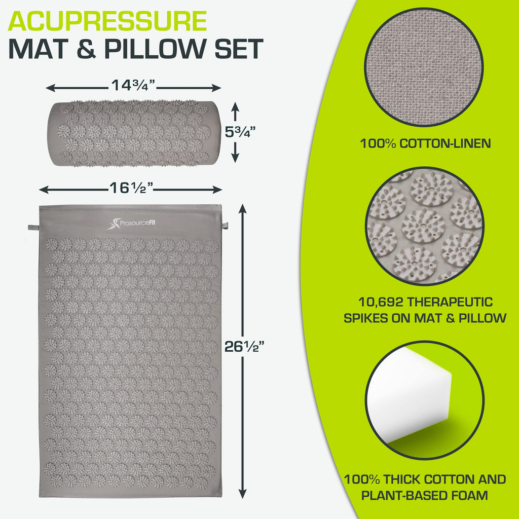 ProsourceFit Acupressure Mat and Pillow Set for Back/Neck Pain Relief and Muscle Relaxation, Grey