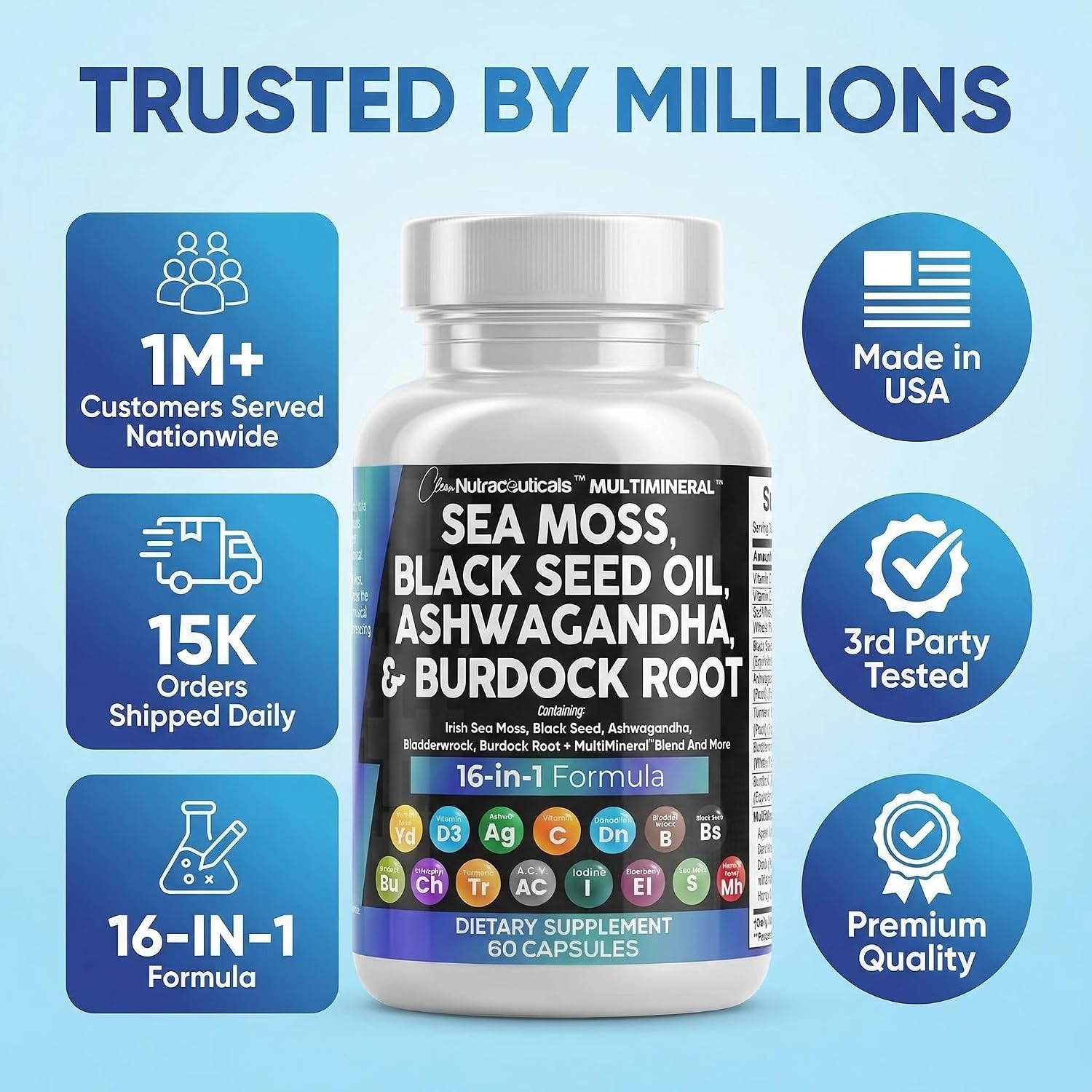 Clean Nutraceuticals Sea Moss Black Seed Oil Ashwagandha Turmeric Bladderwrack Burdock & Vitamin C Vitamin D3 with Elderberry Manuka Dandelion Yellow Dock Iodine Chlorophyll ACV