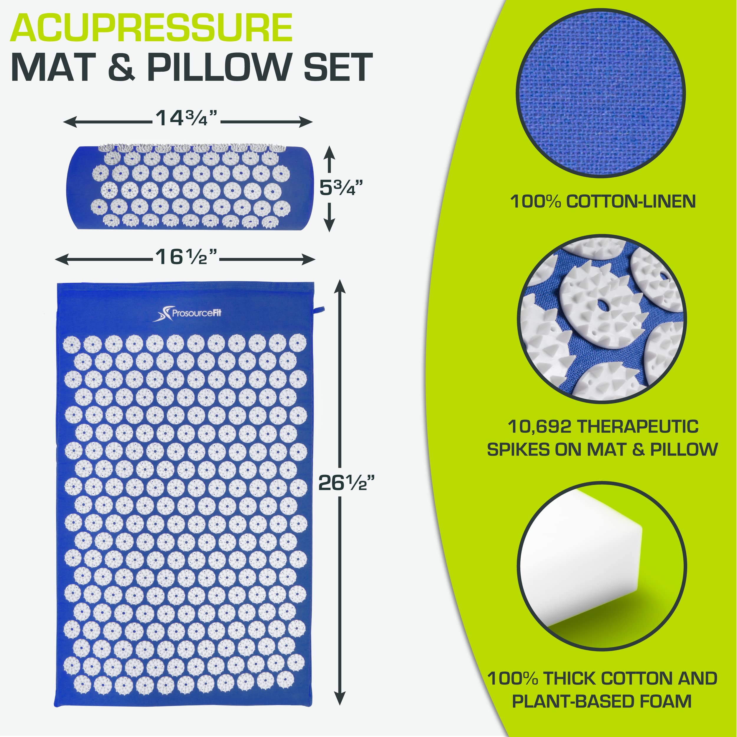 ProsourceFit Acupressure Mat and Pillow Set for Back/Neck Pain Relief and Muscle Relaxation, Grey