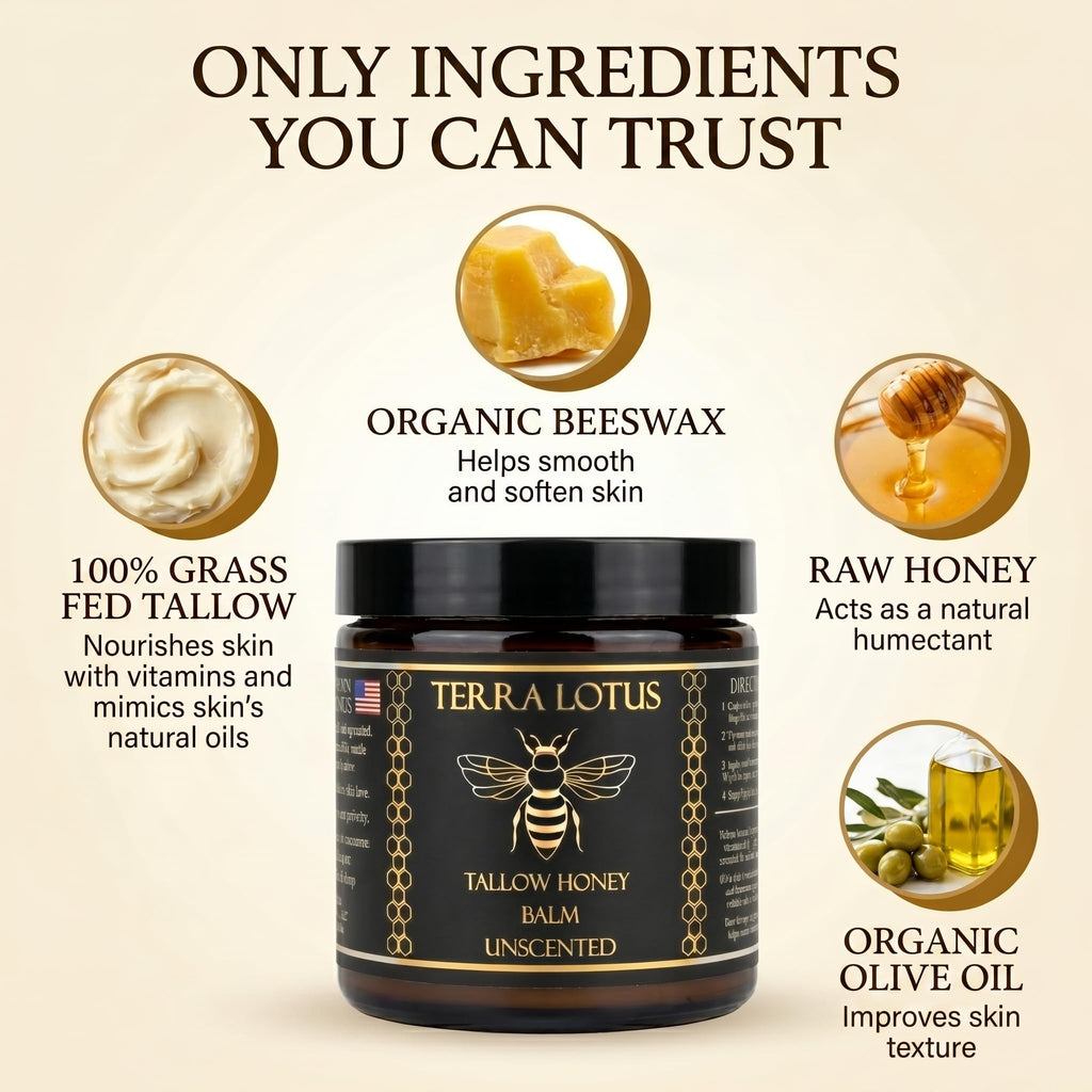 Terra Lotus - Organic Grass-Fed Beef Tallow Balm with Raw Honey - Moisturizing Cream - Handmade All-Natural Moisturizer (2 Oz, Unscented)