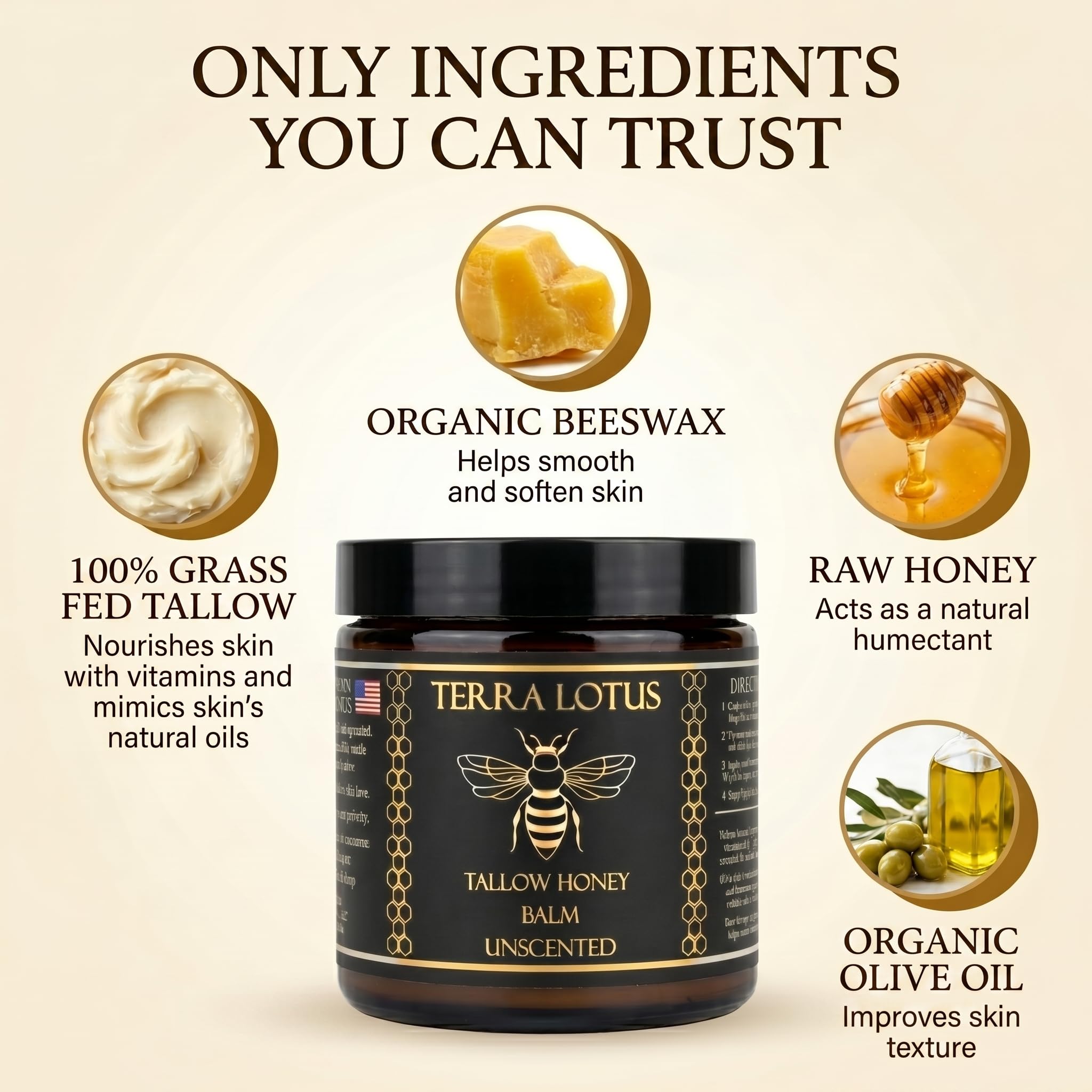 Terra Lotus - Organic Grass-Fed Beef Tallow Balm with Raw Honey - Moisturizing Cream - Handmade All-Natural Moisturizer (2 Oz, Unscented)