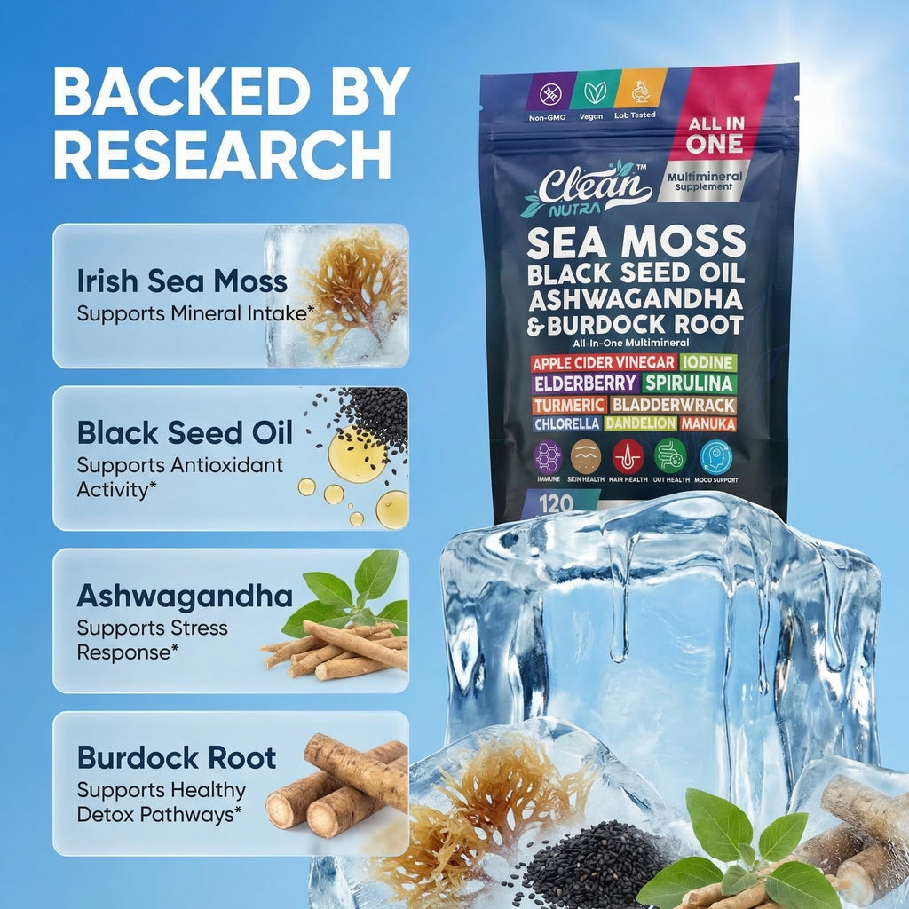 Clean Nutraceuticals Sea Moss Black Seed Oil Ashwagandha Turmeric Bladderwrack Burdock & Vitamin C Vitamin D3 with Elderberry Manuka Dandelion Yellow Dock Iodine Chlorophyll ACV