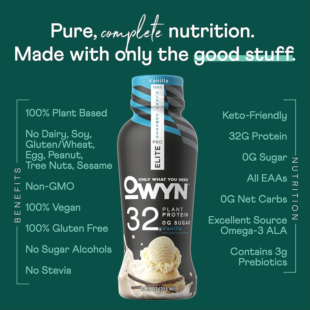 OWYN Only What You Need Dark Chocolate Flavored 20g Protein Shake, 12 Ct | 20g Protein, 4g Sugar, 3g Prebiotic Fiber, Dairy Free, Plant Protein, Gluten Free, Individual 12fl oz Bottles