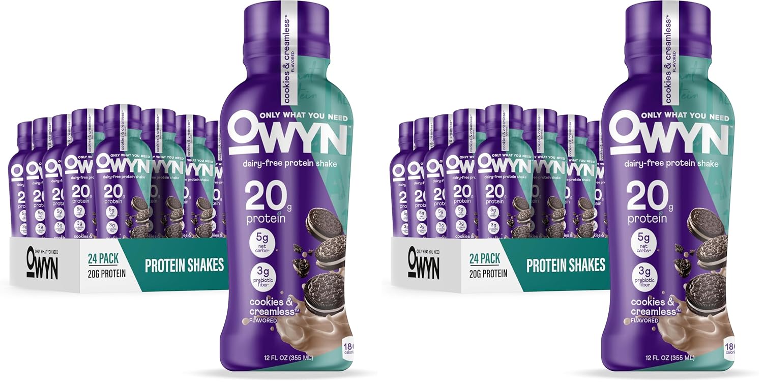 OWYN Only What You Need Dark Chocolate Flavored 20g Protein Shake, 12 Ct | 20g Protein, 4g Sugar, 3g Prebiotic Fiber, Dairy Free, Plant Protein, Gluten Free, Individual 12fl oz Bottles