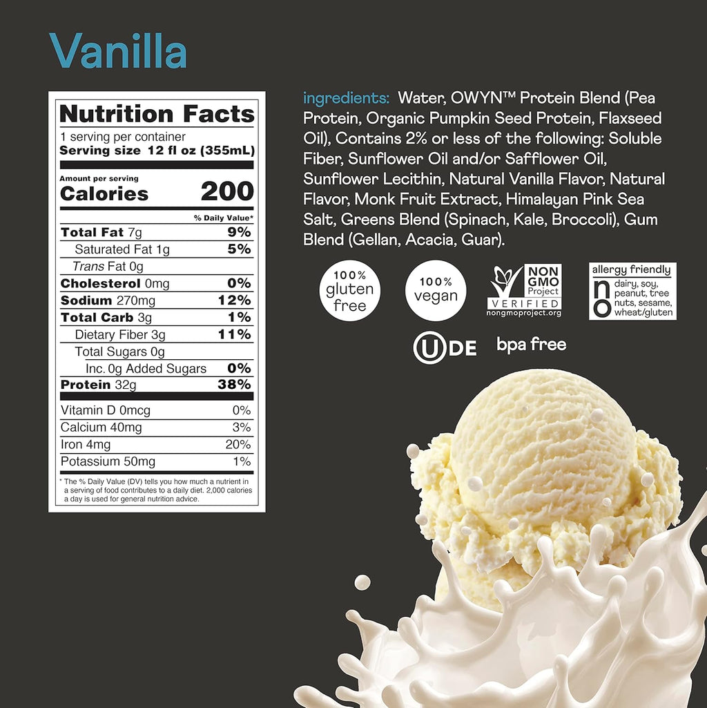 OWYN Only What You Need Dark Chocolate Flavored 20g Protein Shake, 12 Ct | 20g Protein, 4g Sugar, 3g Prebiotic Fiber, Dairy Free, Plant Protein, Gluten Free, Individual 12fl oz Bottles