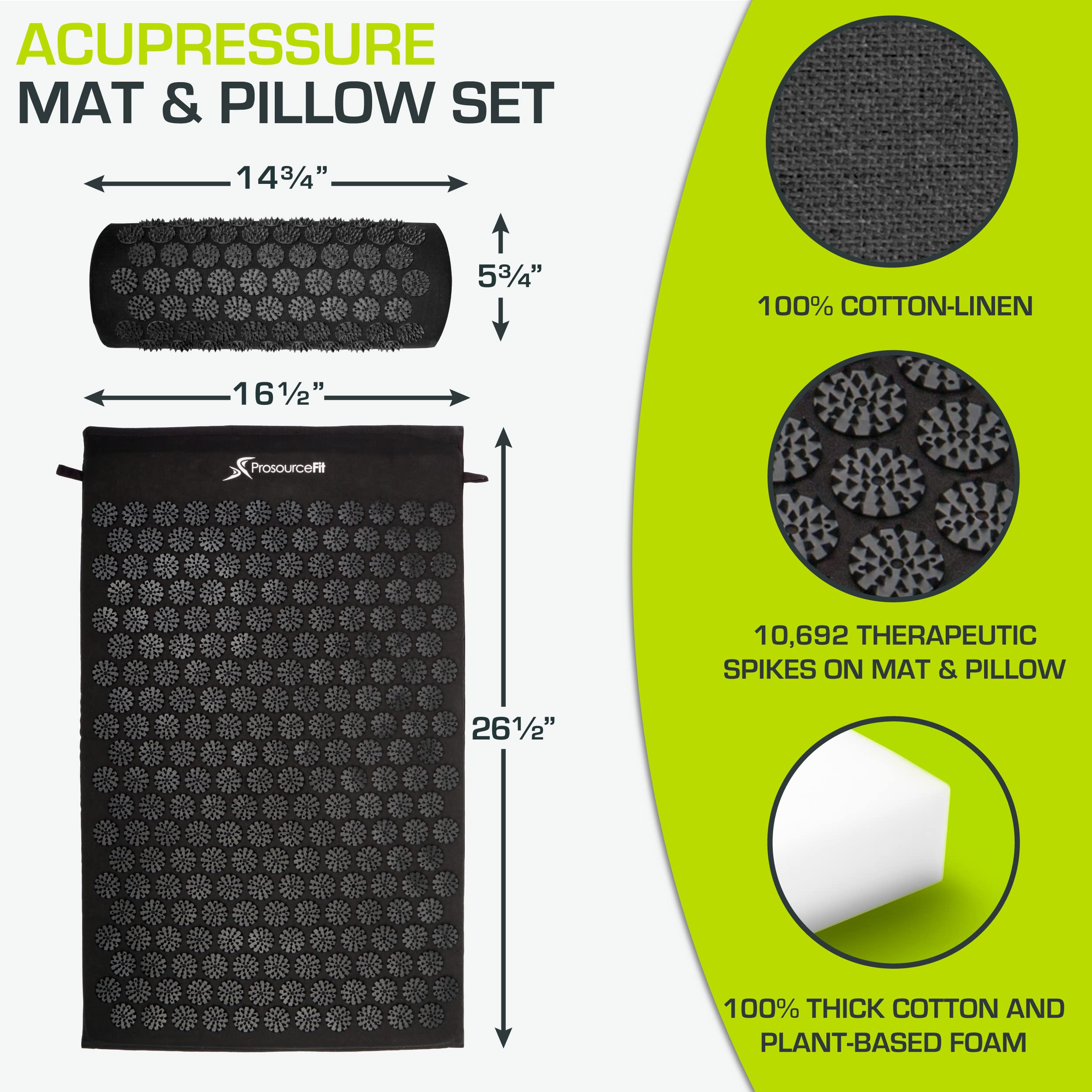 ProsourceFit Acupressure Mat and Pillow Set for Back/Neck Pain Relief and Muscle Relaxation, Grey