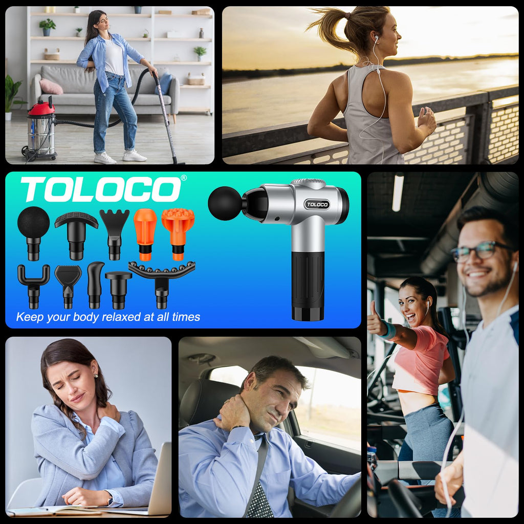 TOLOCO Massage Gun, Deep Tissue Back Massage for Athletes for Pain Relief, Percussion Massager with 10 Massages Heads & Silent Brushless Motor, Relaxation Gifts for Men Women, Black