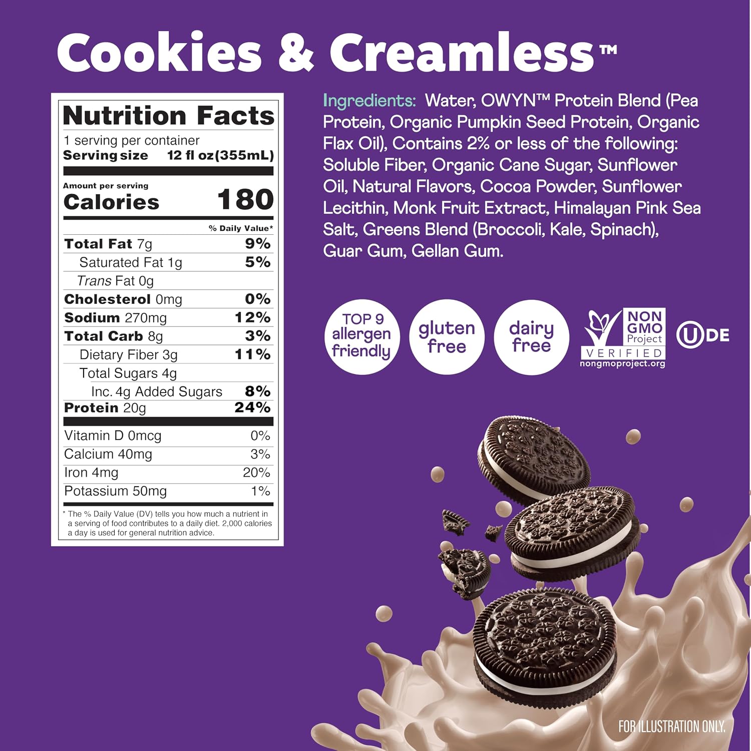 OWYN Only What You Need Dark Chocolate Flavored 20g Protein Shake, 12 Ct | 20g Protein, 4g Sugar, 3g Prebiotic Fiber, Dairy Free, Plant Protein, Gluten Free, Individual 12fl oz Bottles