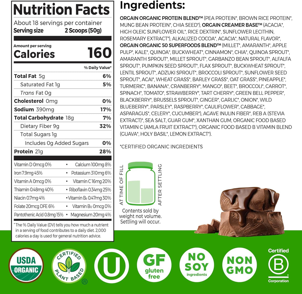 Orgain Organic Vegan 21g Protein + Superfoods Powder, Chocolate, 2.02lb | Plant based protein, 50 superfoods, 9g prebiotic fiber, gluten free, no added sugar, non-GMO, no lactose ingredients