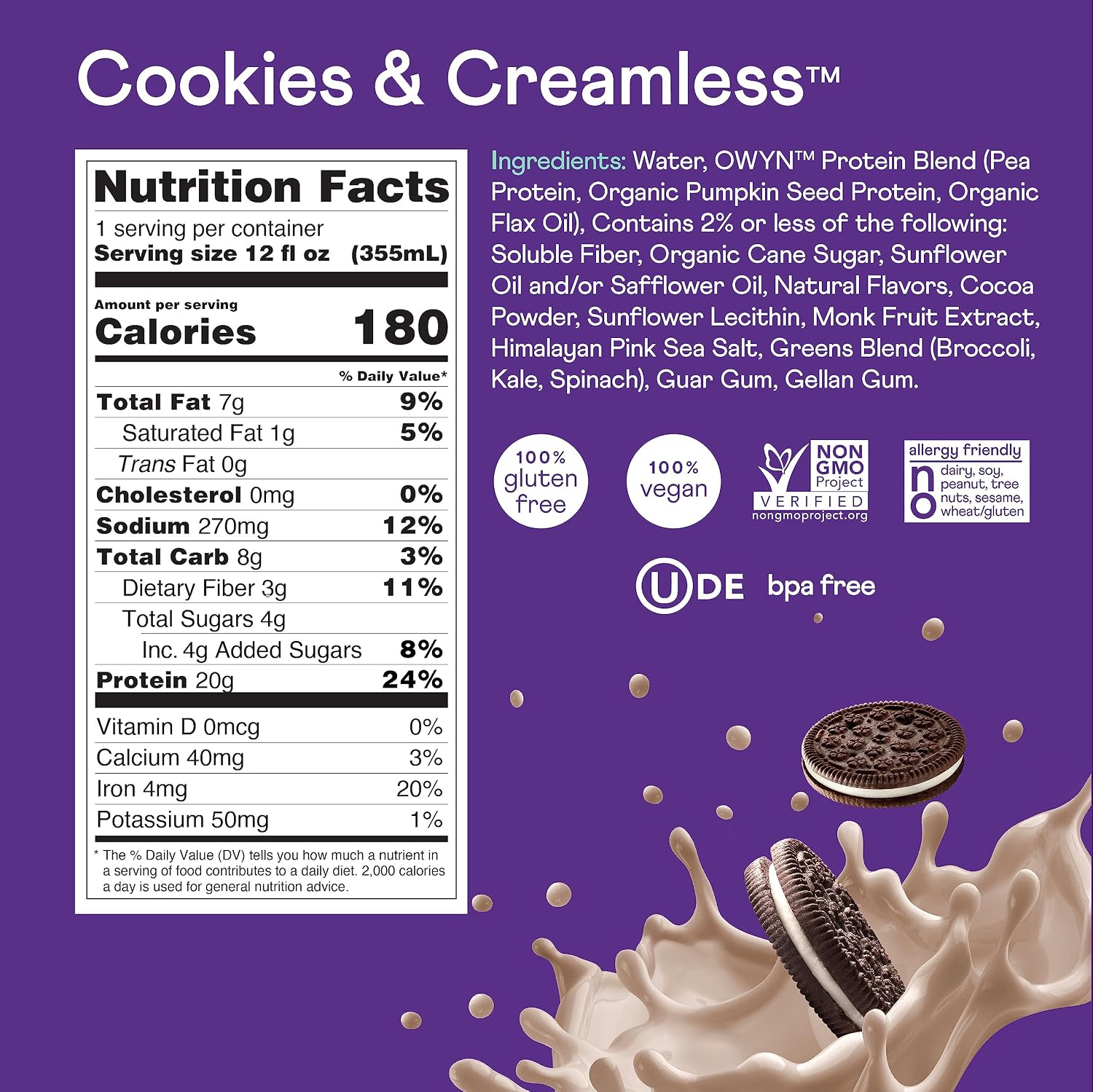 OWYN Only What You Need Dark Chocolate Flavored 20g Protein Shake, 12 Ct | 20g Protein, 4g Sugar, 3g Prebiotic Fiber, Dairy Free, Plant Protein, Gluten Free, Individual 12fl oz Bottles