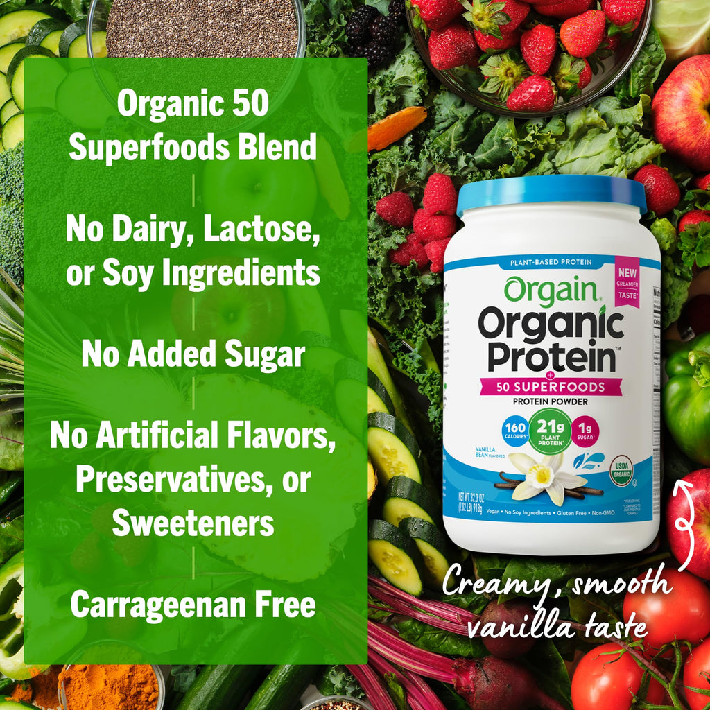 Orgain Organic Vegan 21g Protein + Superfoods Powder, Chocolate, 2.02lb | Plant based protein, 50 superfoods, 9g prebiotic fiber, gluten free, no added sugar, non-GMO, no lactose ingredients