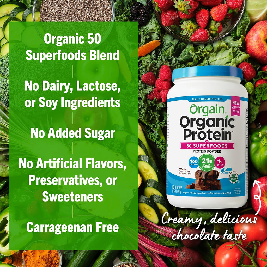 Orgain Organic Vegan 21g Protein + Superfoods Powder, Chocolate, 2.02lb | Plant based protein, 50 superfoods, 9g prebiotic fiber, gluten free, no added sugar, non-GMO, no lactose ingredients