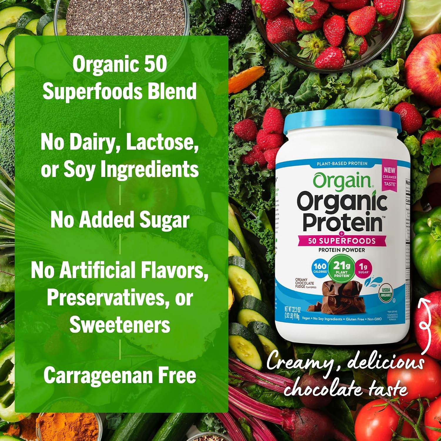 Orgain Organic Vegan 21g Protein + Superfoods Powder, Chocolate, 2.02lb | Plant based protein, 50 superfoods, 9g prebiotic fiber, gluten free, no added sugar, non-GMO, no lactose ingredients
