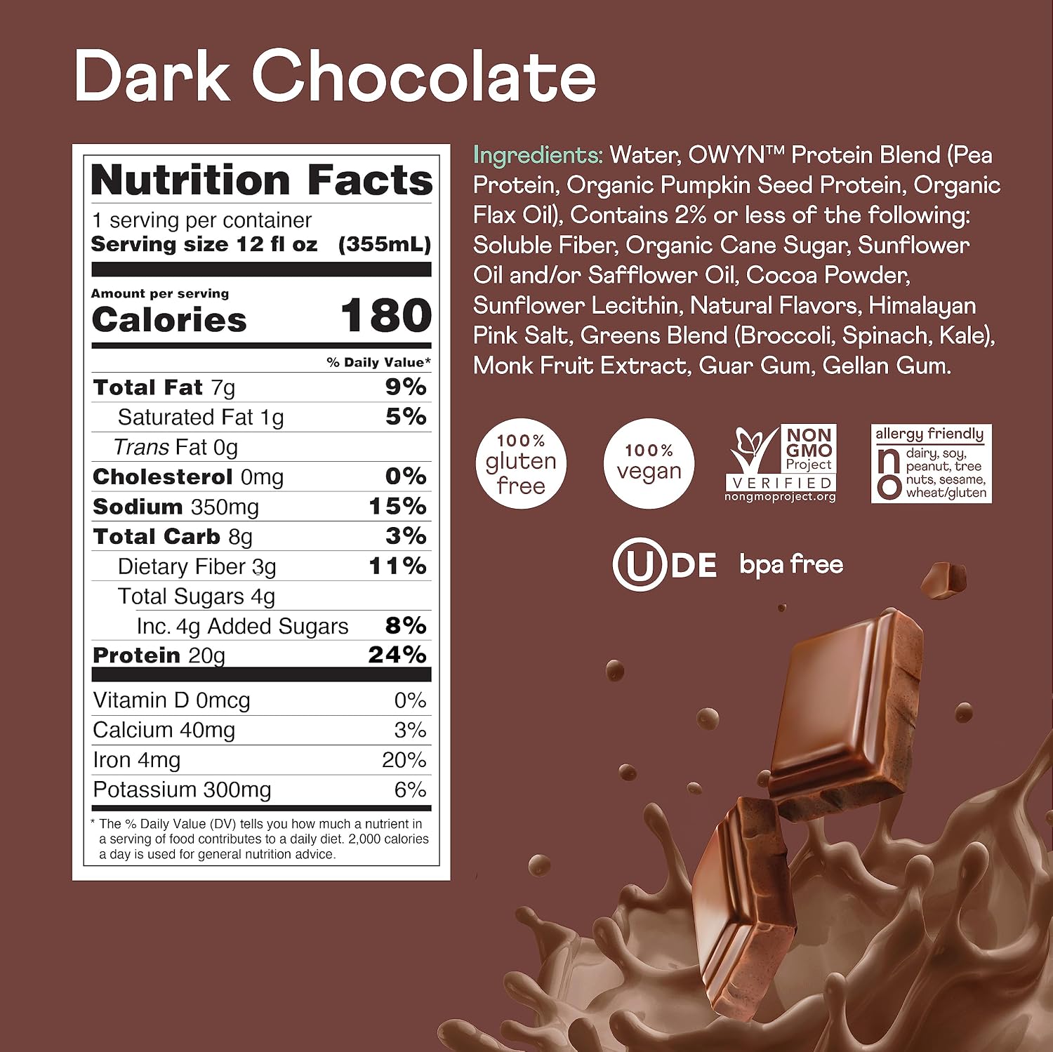 OWYN Only What You Need Dark Chocolate Flavored 20g Protein Shake, 12 Ct | 20g Protein, 4g Sugar, 3g Prebiotic Fiber, Dairy Free, Plant Protein, Gluten Free, Individual 12fl oz Bottles